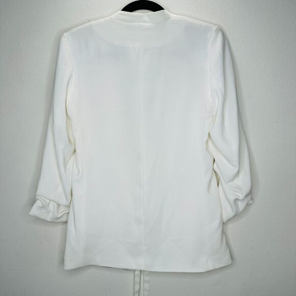 H&M Cream Linen Blend Fitted Blazer Jacket Hook & Eye Front 3/4 Ruched Sleeves 4 - Picture 4 of 12